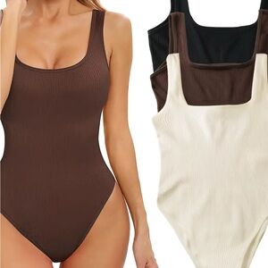 Brown, Cream, Black  Size Large Ribbed One-Piece shape wear, bodysuit, swim wear